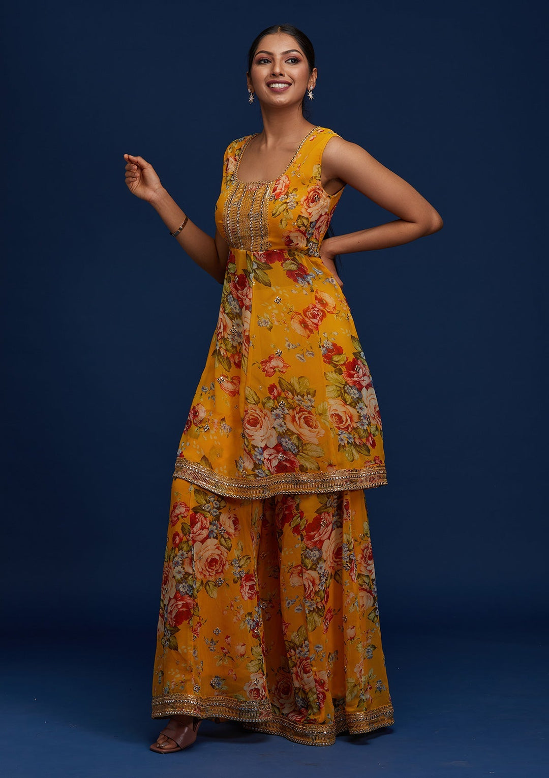 Yellow Print Georgette Designer Salwar Suit - Koskii