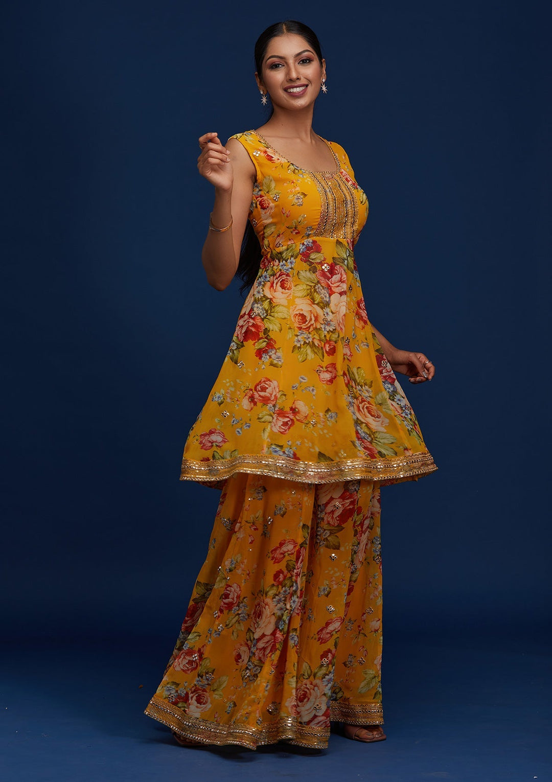 Yellow Print Georgette Designer Salwar Suit - Koskii