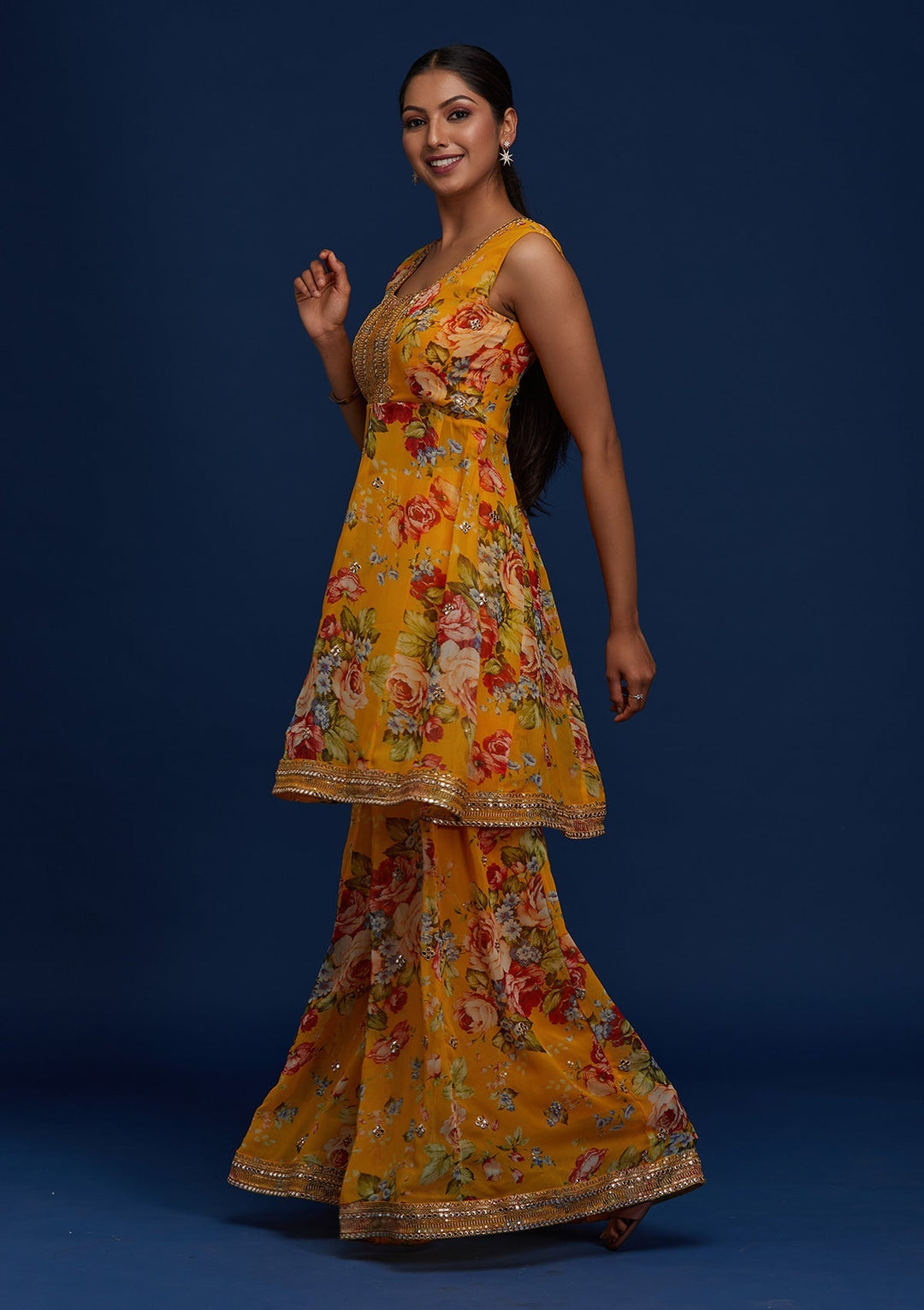 Yellow Print Georgette Designer Salwar Suit - Koskii