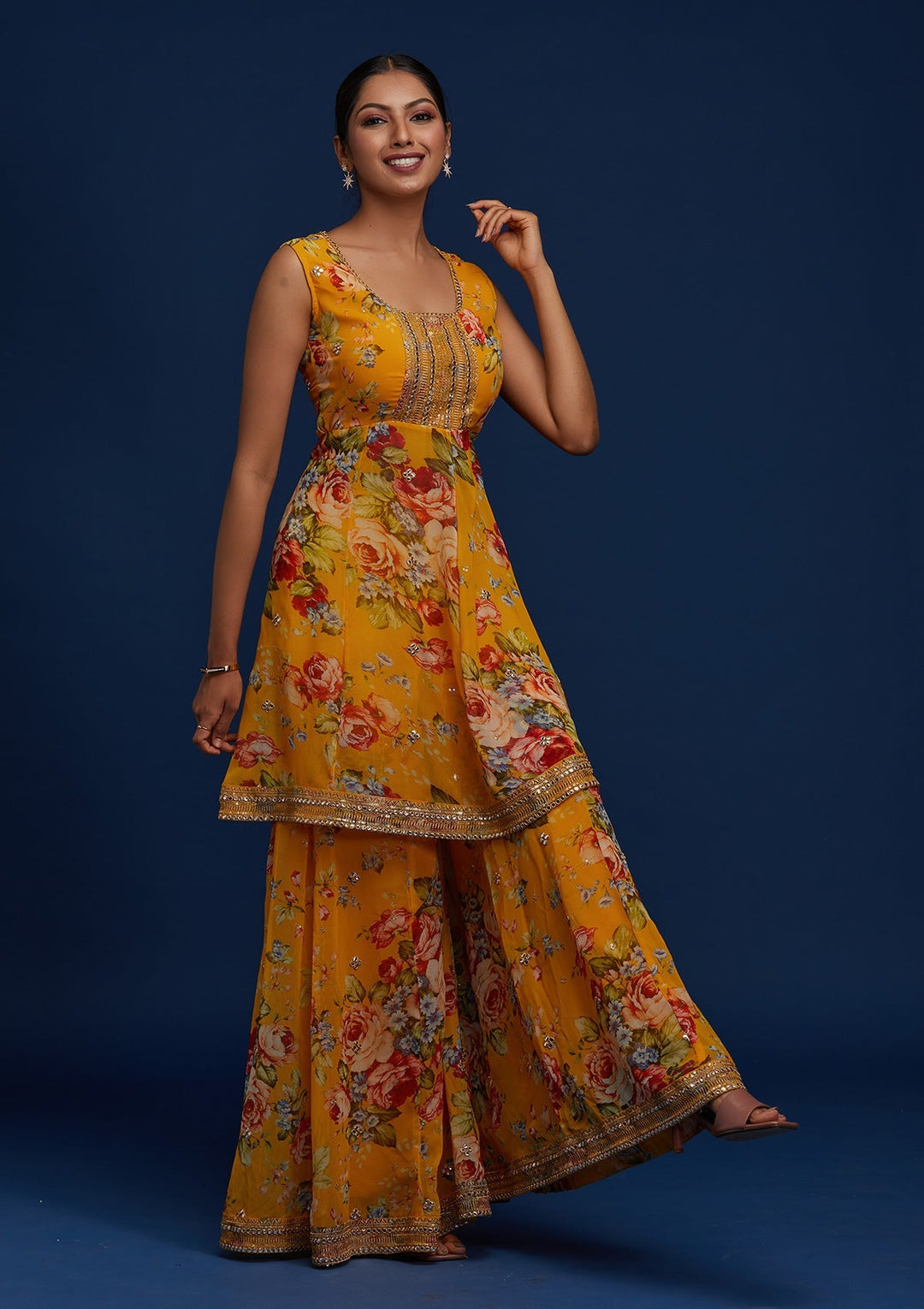 Yellow Print Georgette Designer Salwar Suit - Koskii