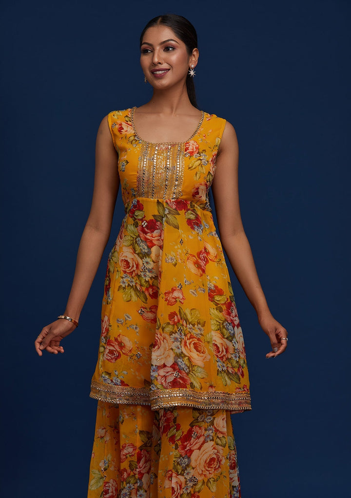 Yellow Print Georgette Designer Salwar Suit - Koskii