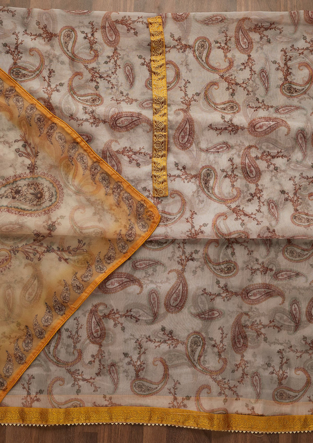 Yellow Print Tissue Unstitched Salwar Suit-Koskii