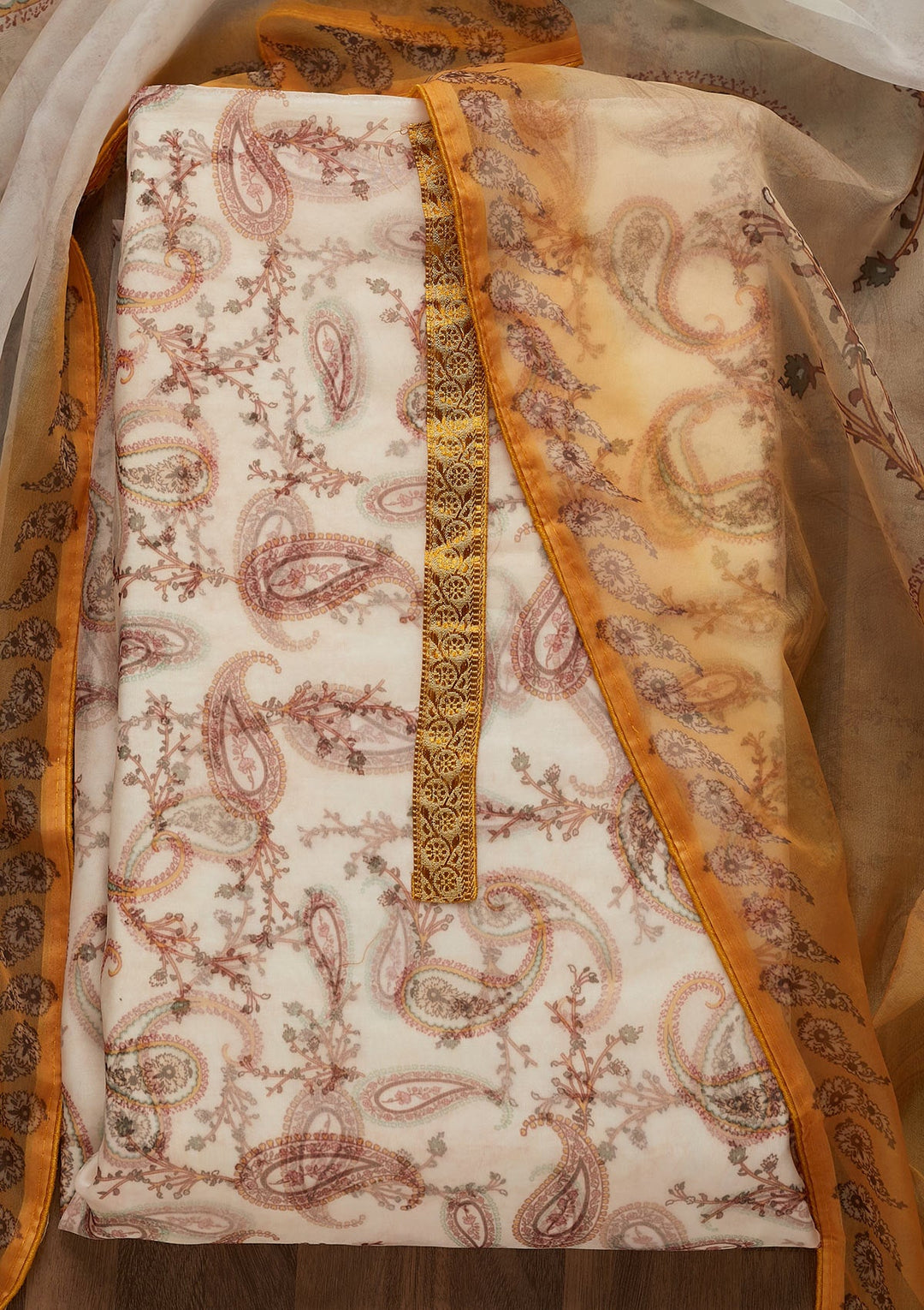 Yellow Print Tissue Unstitched Salwar Suit-Koskii