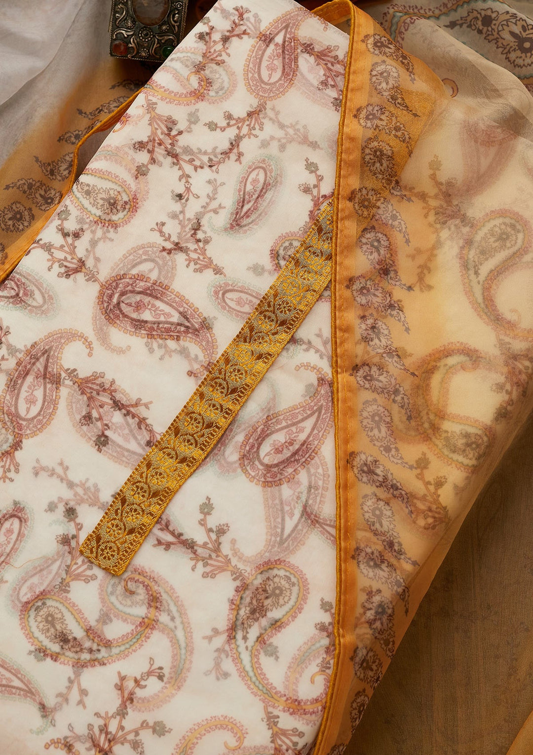 Yellow Print Tissue Unstitched Salwar Suit-Koskii