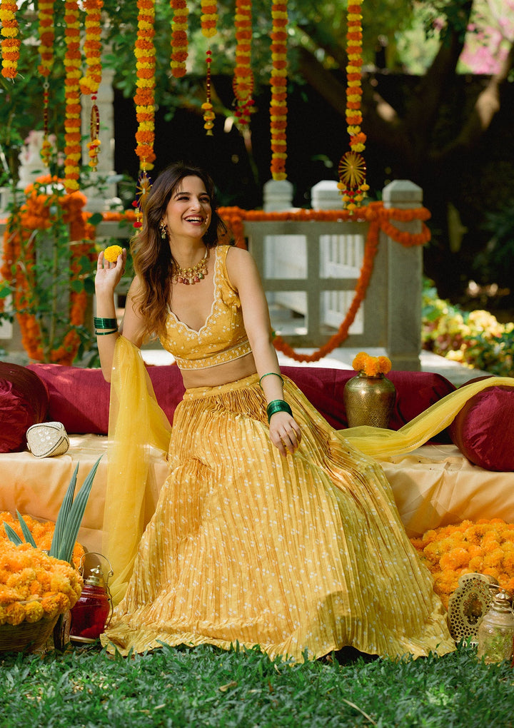 Yellow Printed Semi Crepe Readymade Lehenga Set-Koskii