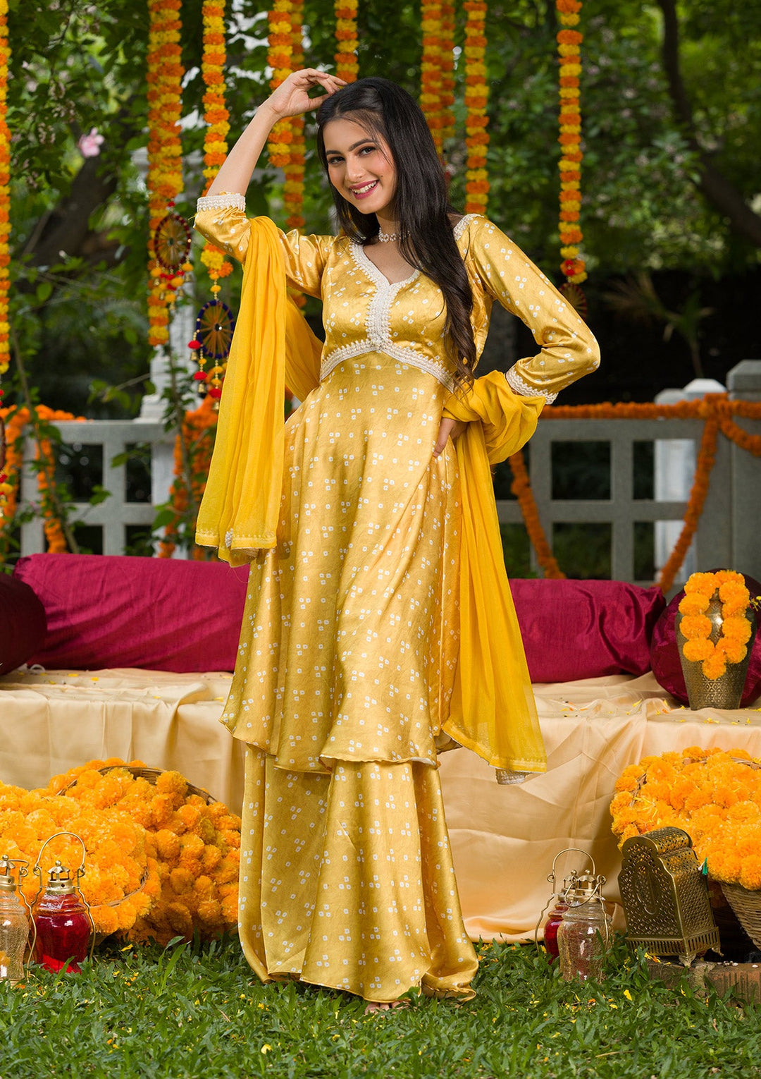 Yellow Printed Semi Crepe Readymade Salwar Kameez-Koskii