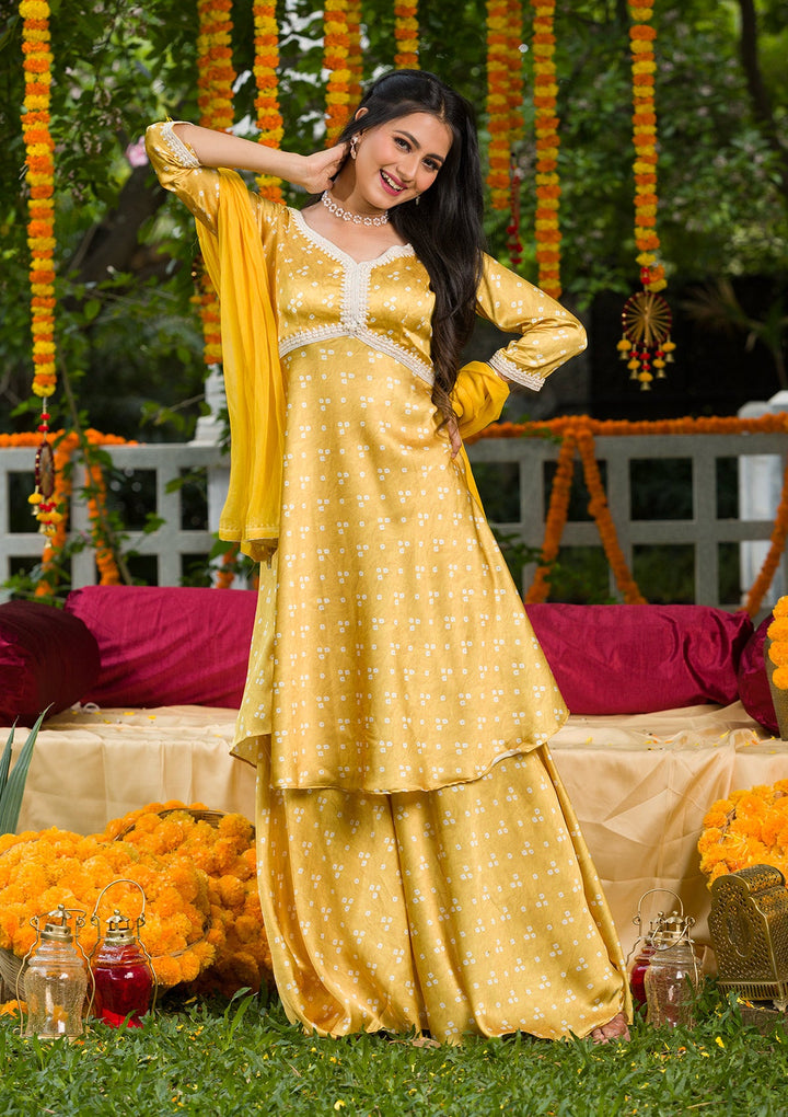 Yellow Printed Semi Crepe Readymade Salwar Kameez-Koskii