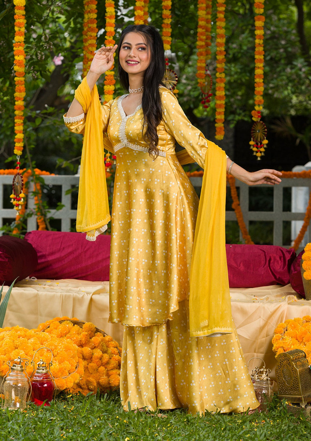 Yellow Printed Semi Crepe Readymade Salwar Kameez-Koskii