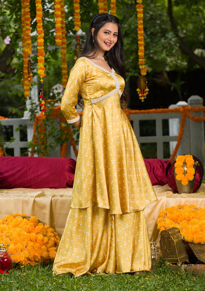 Yellow Printed Semi Crepe Readymade Salwar Kameez-Koskii