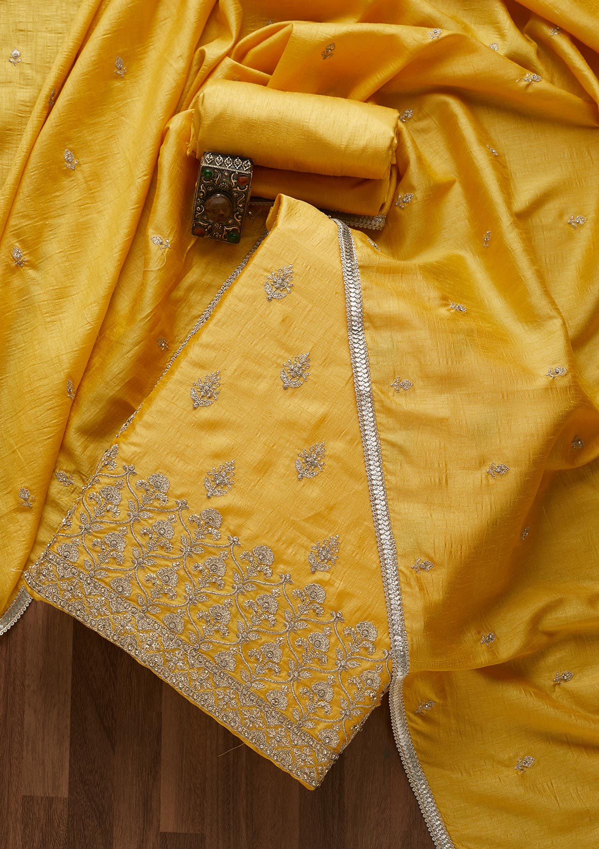 Yellow Silver Zariwork Raw Silk Unstitched Salwar Suit-Koskii