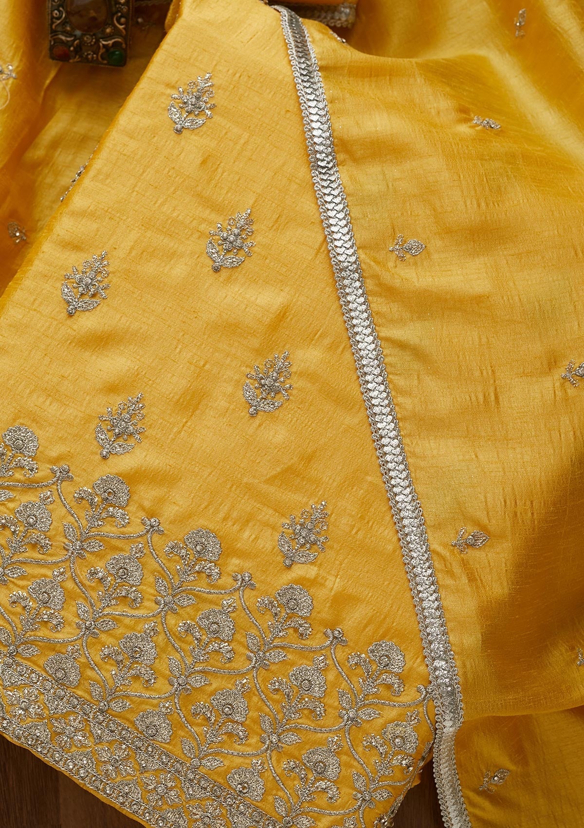 Yellow Silver Zariwork Raw Silk Unstitched Salwar Suit-Koskii