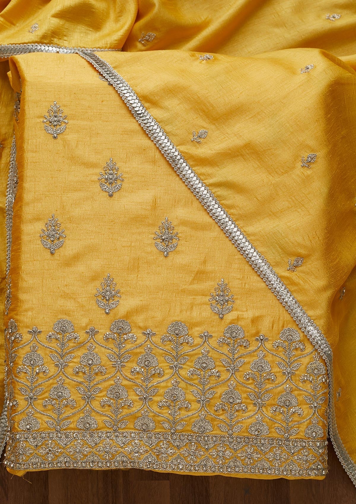 Yellow Silver Zariwork Raw Silk Unstitched Salwar Suit-Koskii