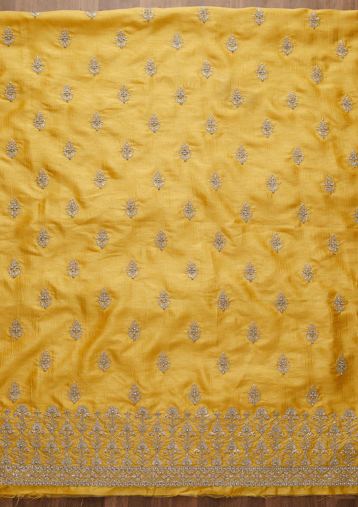 Yellow Silver Zariwork Raw Silk Unstitched Salwar Suit-Koskii