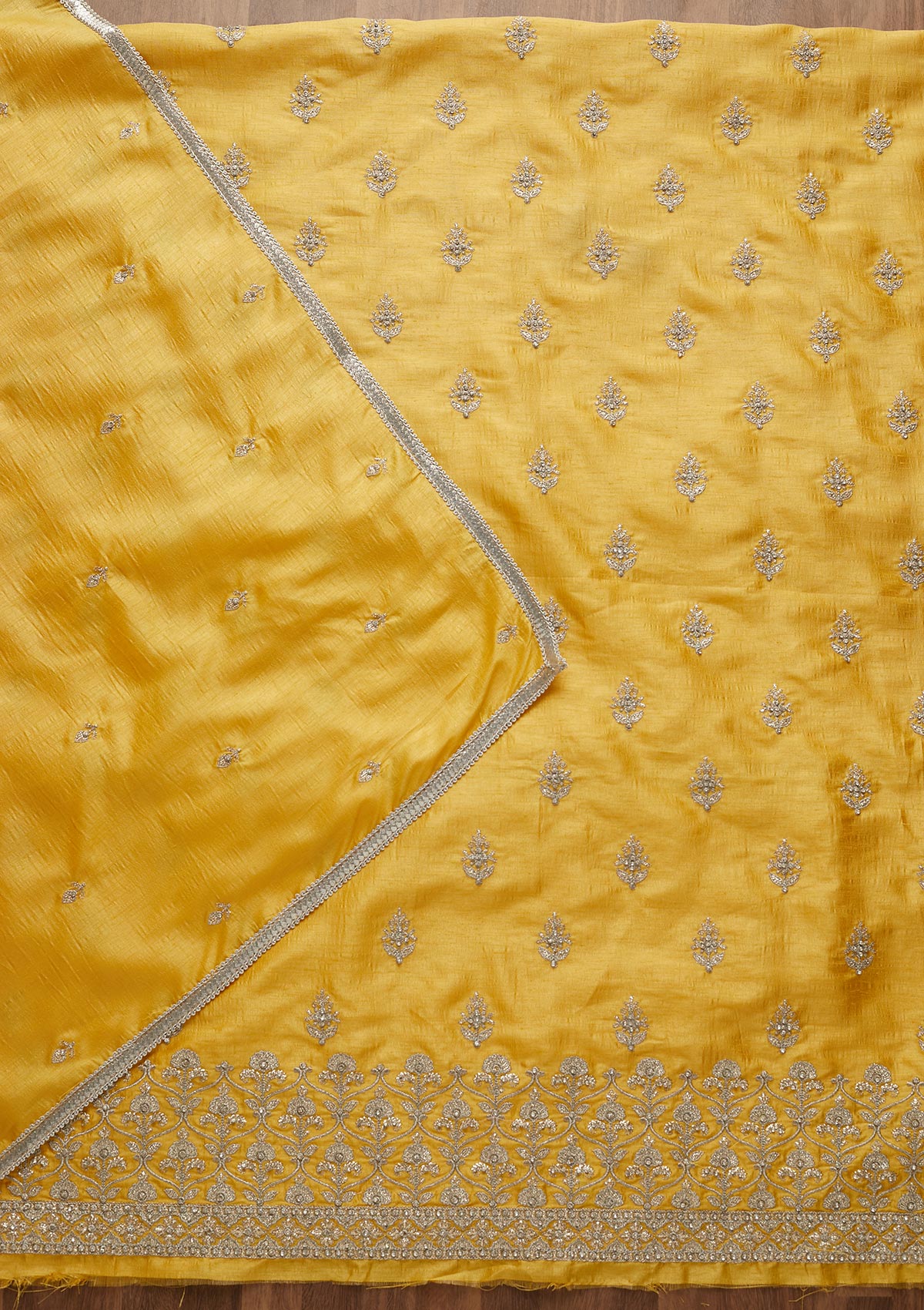 Yellow Silver Zariwork Raw Silk Unstitched Salwar Suit-Koskii