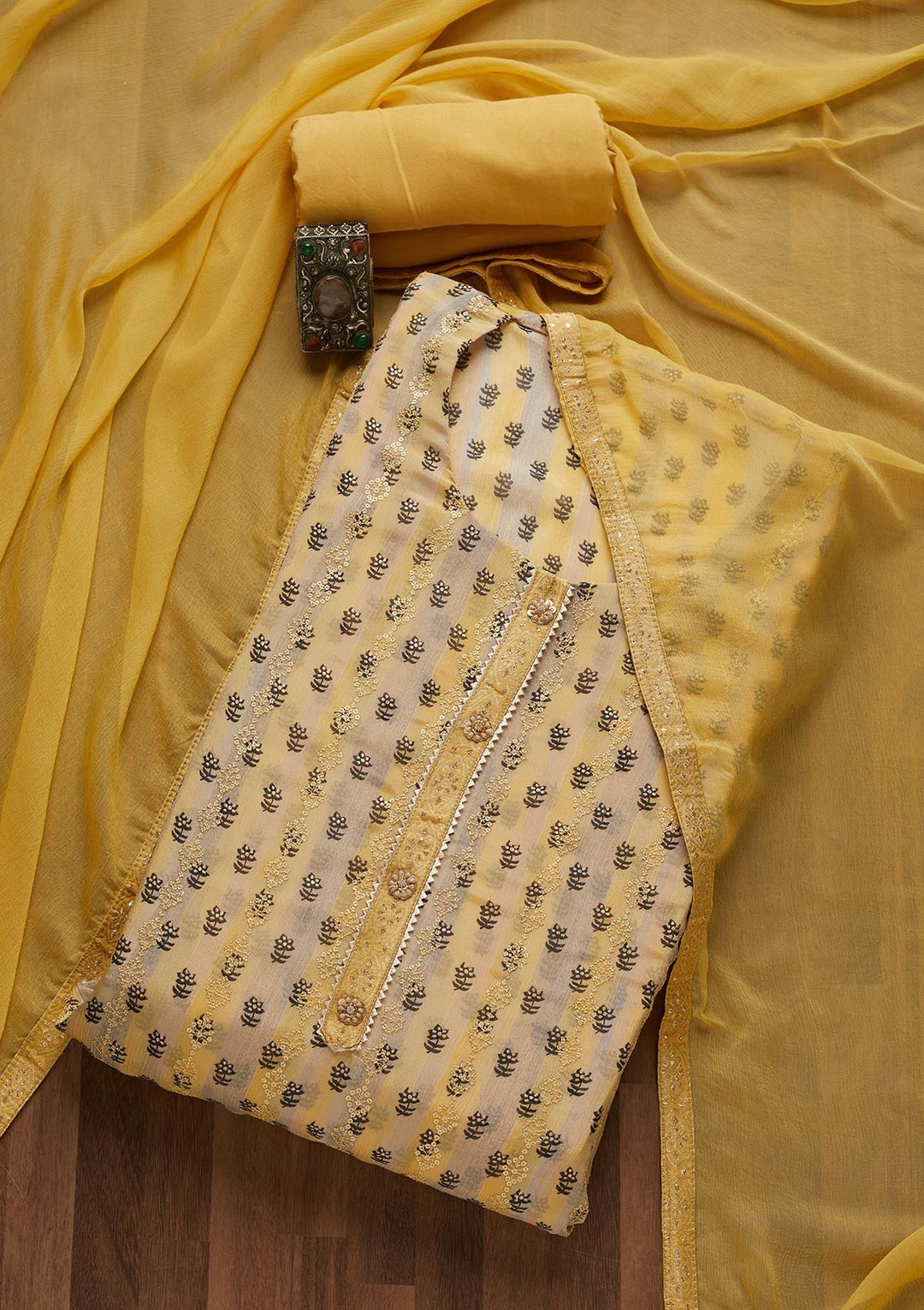Yellow Sequins Chanderi Unstitched Salwar Suit- Koskii