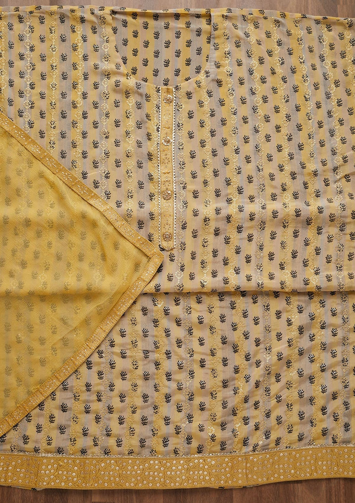 Yellow Sequins Chanderi Unstitched Salwar Suit - Koskii
