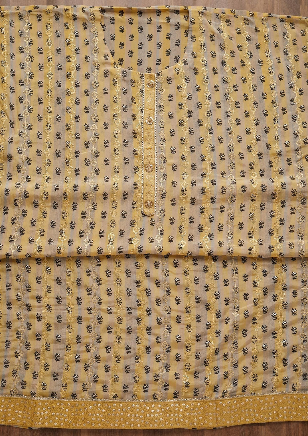 Yellow Sequins Chanderi Unstitched Salwar Suit - Koskii