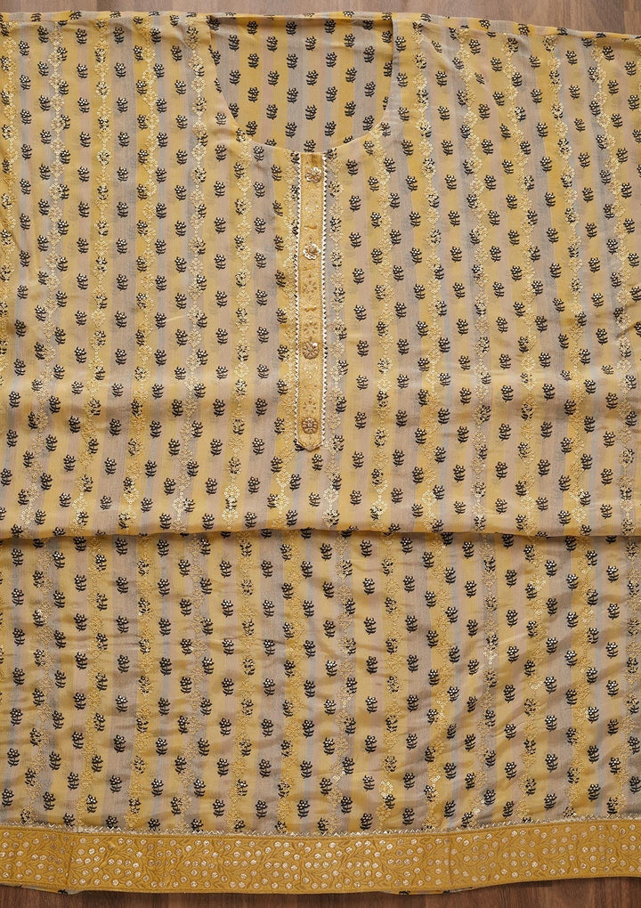 Yellow Sequins Chanderi Unstitched Salwar Suit - Koskii