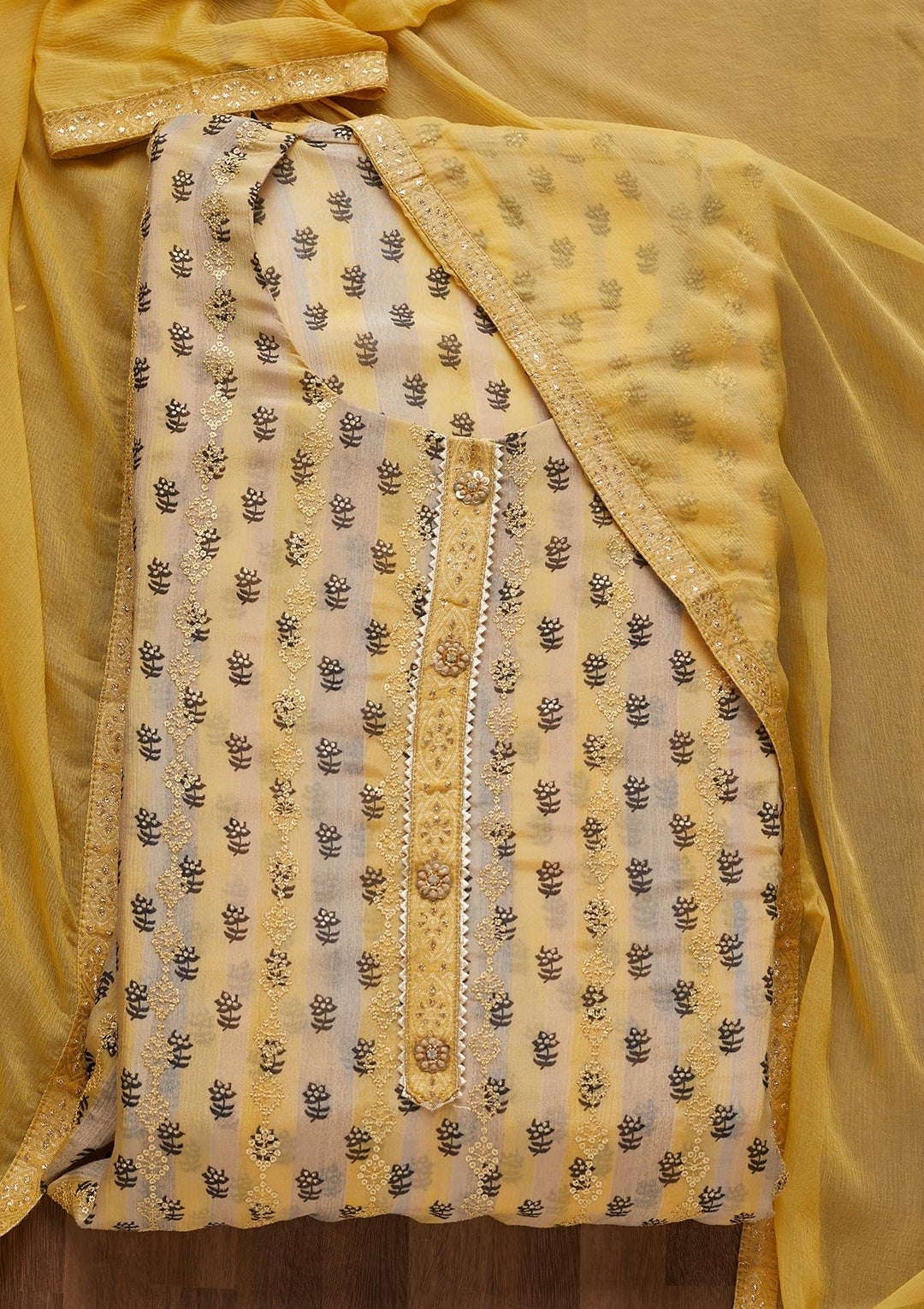 Yellow Sequins Chanderi Unstitched Salwar Suit - Koskii