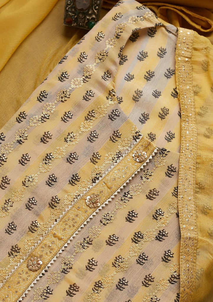 Yellow Sequins Chanderi Unstitched Salwar Suit - Koskii