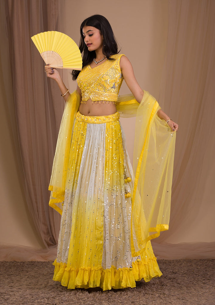 Yellow Sequins Georgette Readymade Lehenga-Koskii