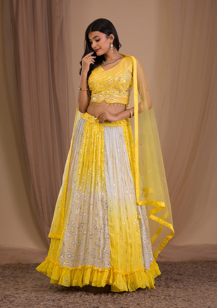 Yellow Sequins Georgette Readymade Lehenga-Koskii