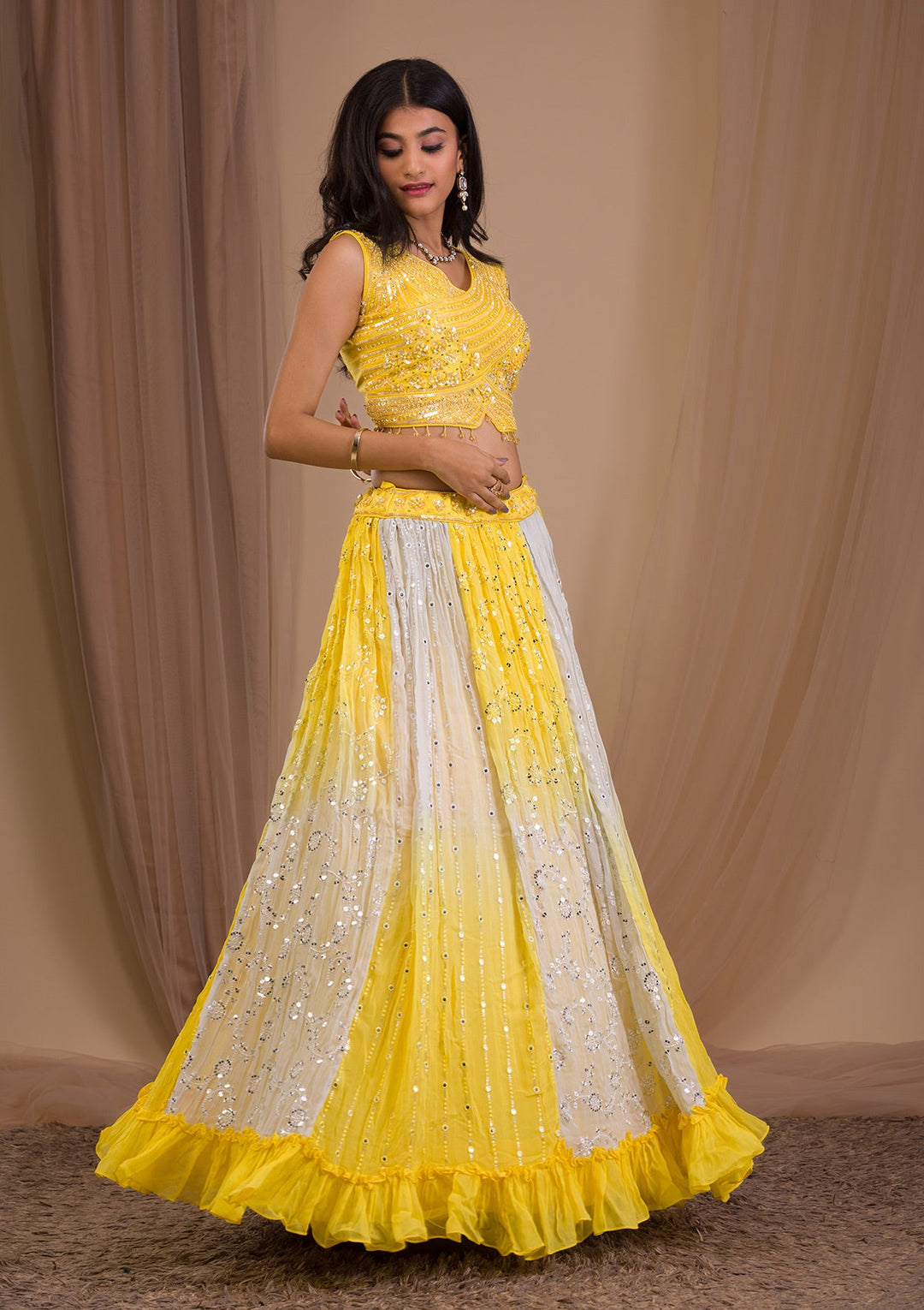 Yellow Sequins Georgette Readymade Lehenga-Koskii