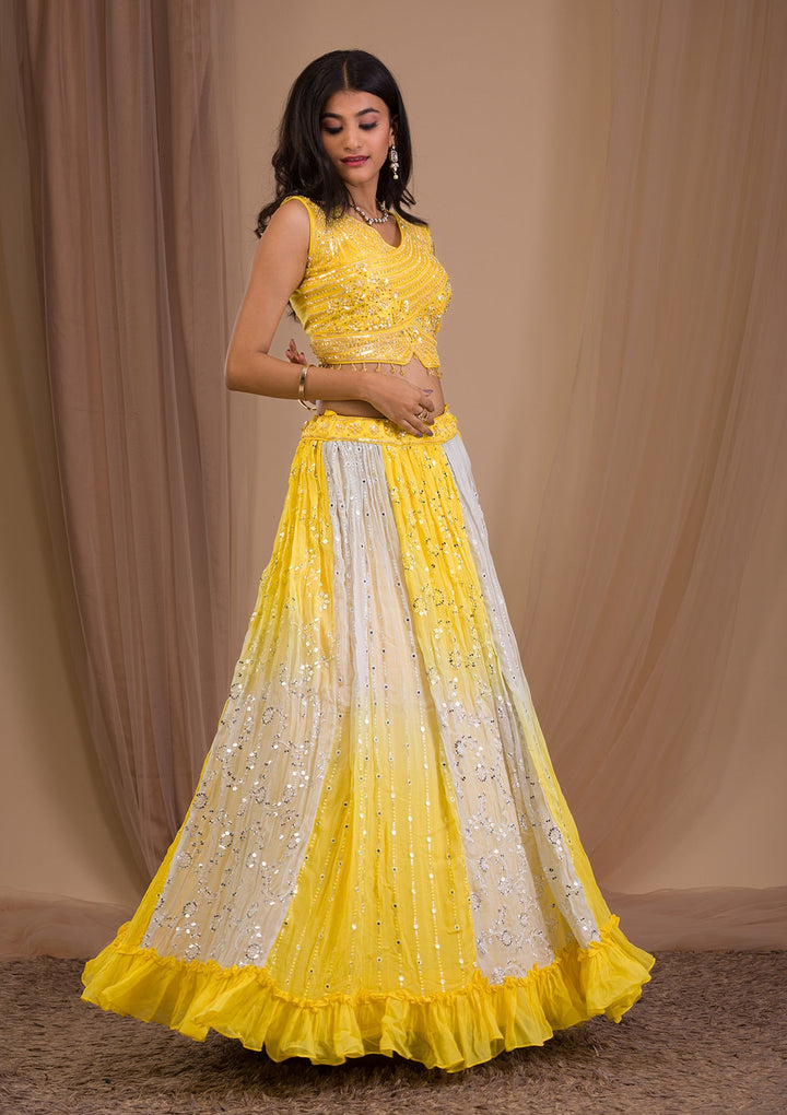 Yellow Sequins Georgette Readymade Lehenga-Koskii