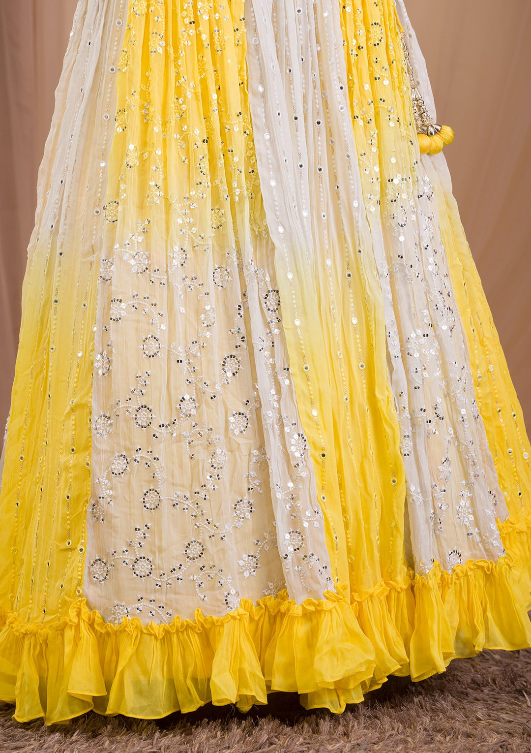 Yellow Sequins Georgette Readymade Lehenga-Koskii