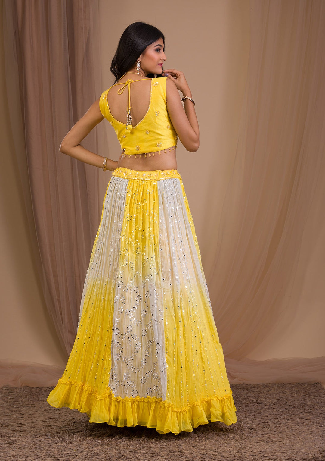 Yellow Sequins Georgette Readymade Lehenga-Koskii