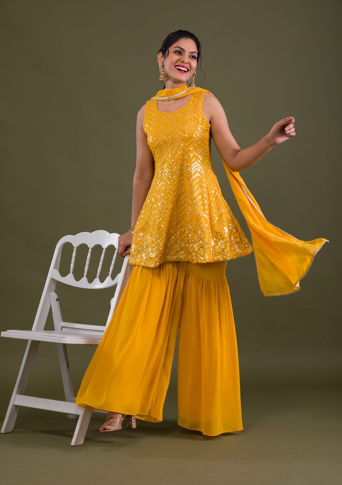 Yellow Sequins Georgette Readymade Salwar Suit-Koskii