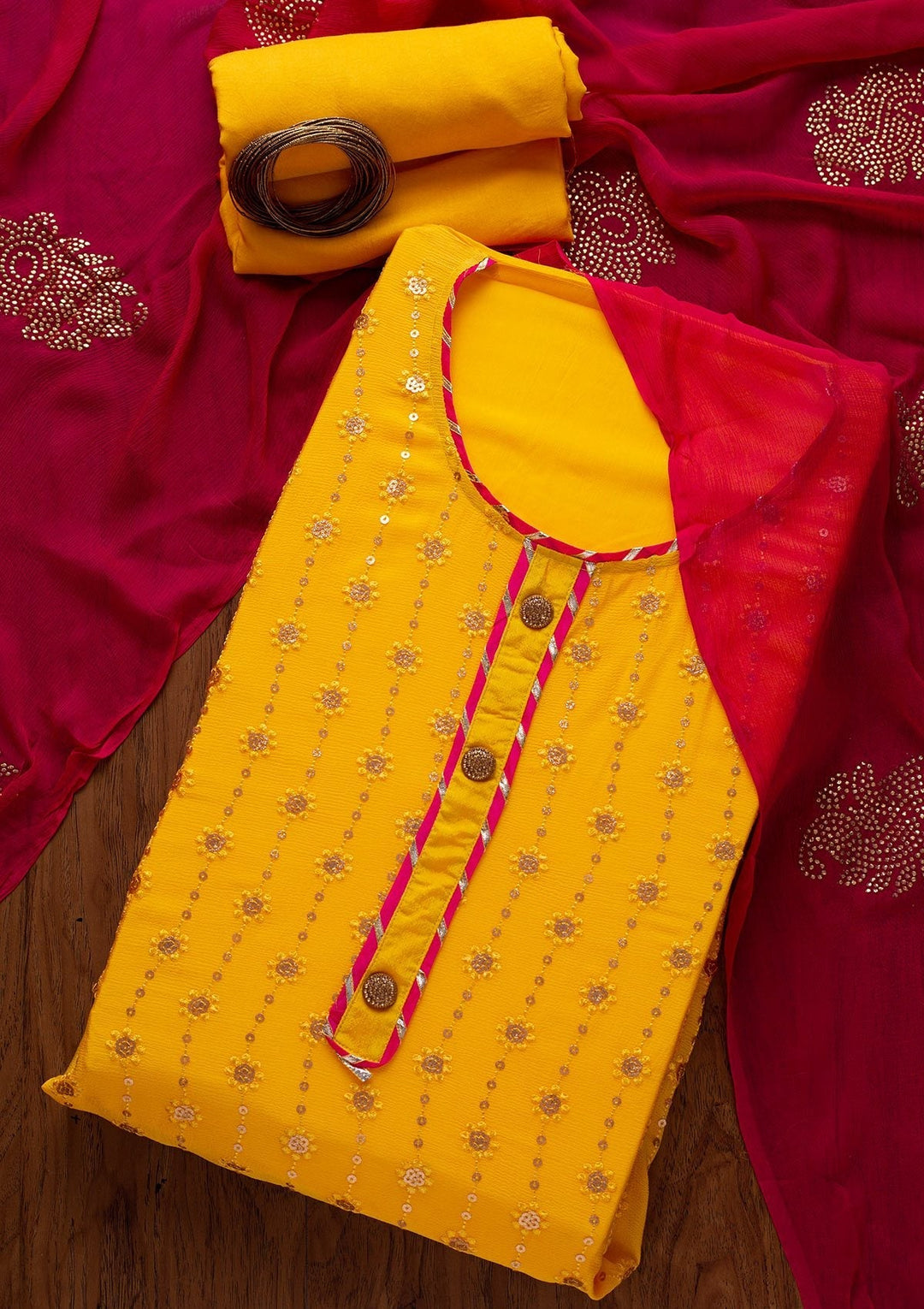 Yellow Sequins Georgette Designer Unstitched Salwar Suit - koskii
