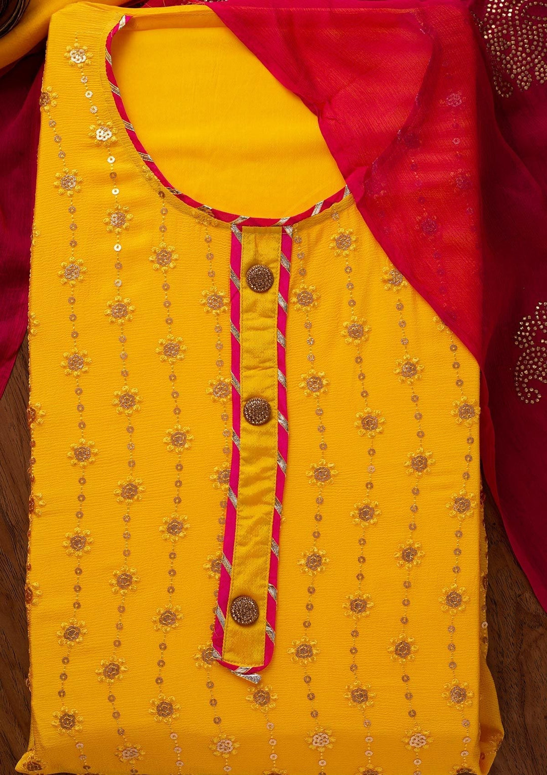 Yellow Sequins Georgette Designer Unstitched Salwar Suit - koskii