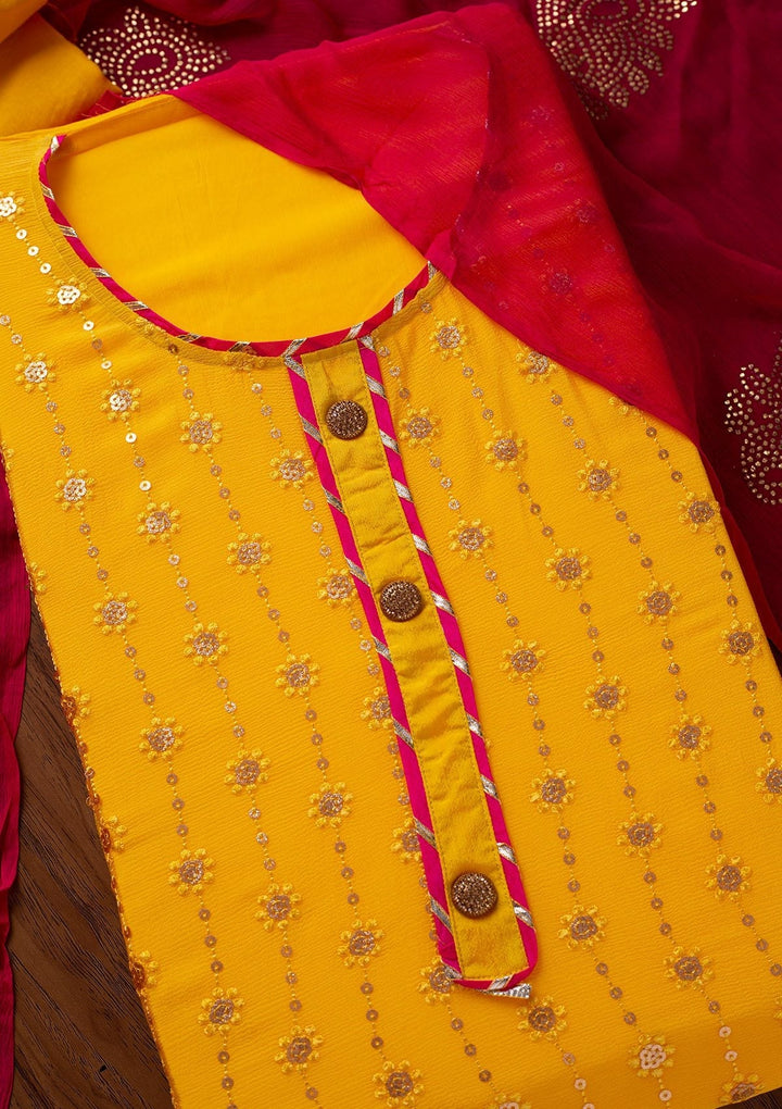 Yellow Sequins Georgette Designer Unstitched Salwar Suit - koskii