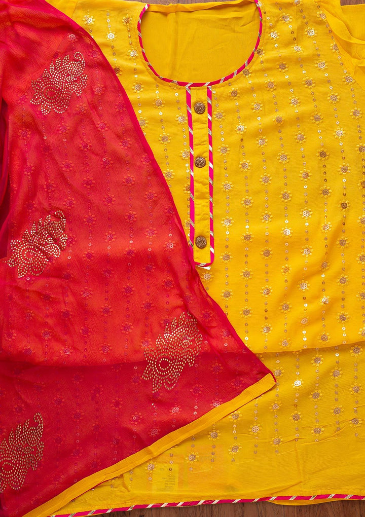 Yellow Sequins Georgette Designer Unstitched Salwar Suit - koskii