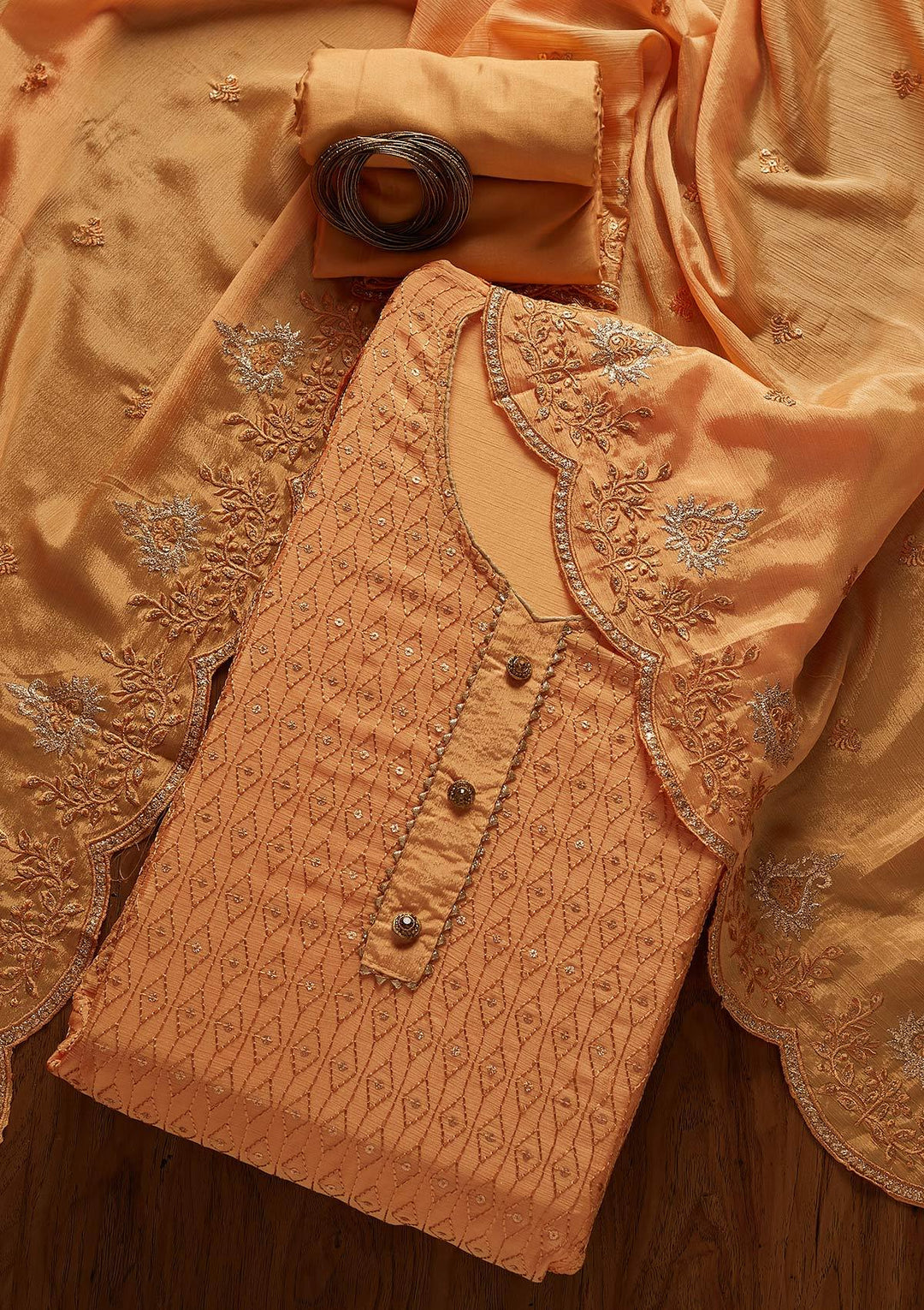 Yellow Sequins Georgette Designer Unstitched Salwar Suit - koskii