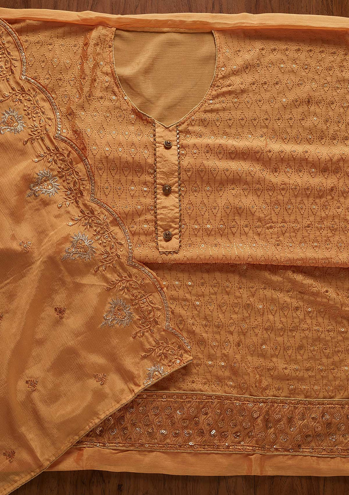 Yellow Sequins Georgette Designer Unstitched Salwar Suit - koskii