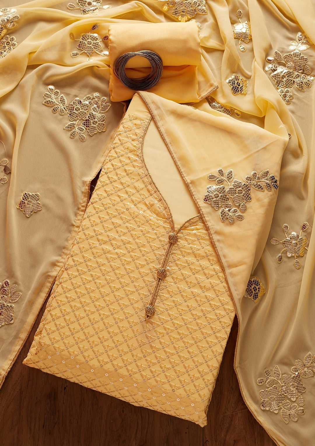 Yellow Sequins Georgette Designer Unstitched Salwar Suit - koskii