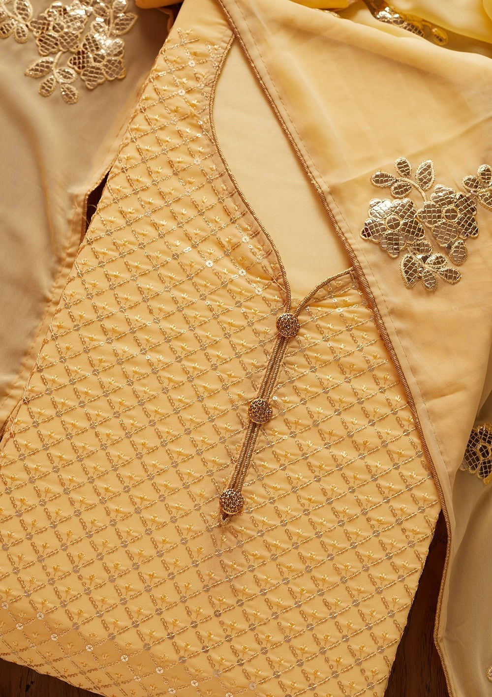 Yellow Sequins Georgette Designer Unstitched Salwar Suit - koskii
