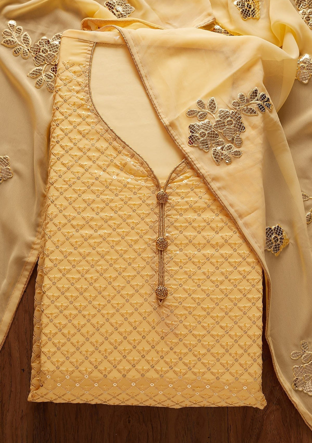 Yellow Sequins Georgette Designer Unstitched Salwar Suit - koskii