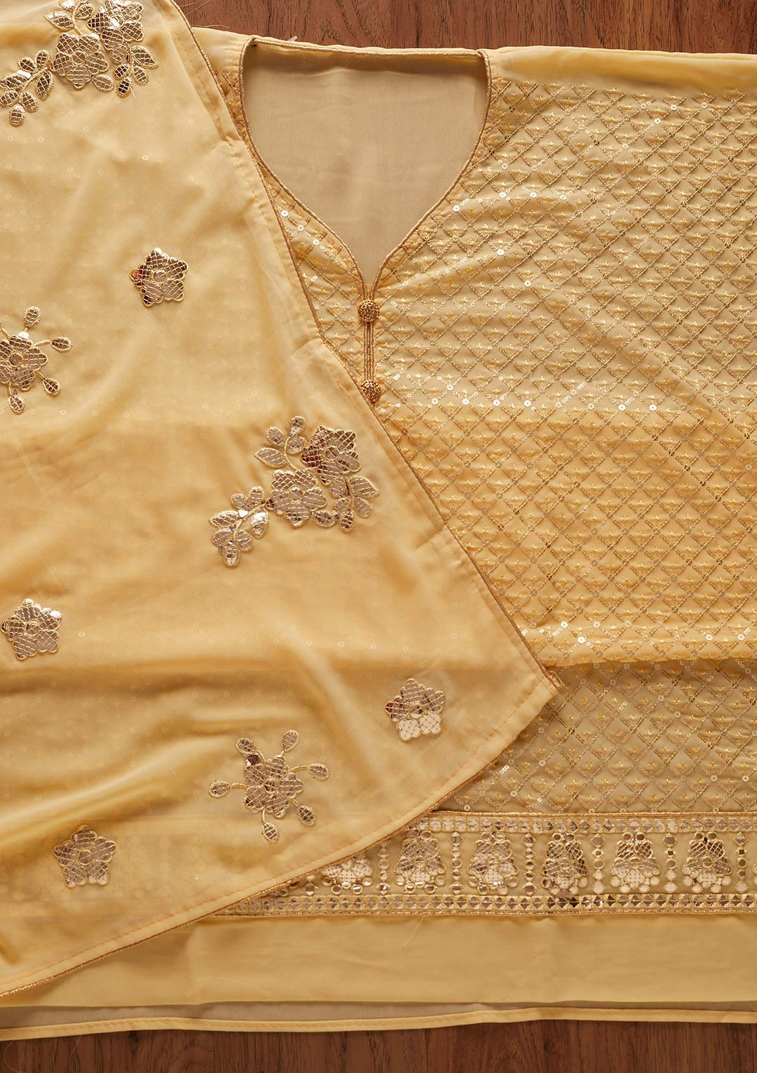 Yellow Sequins Georgette Designer Unstitched Salwar Suit - koskii