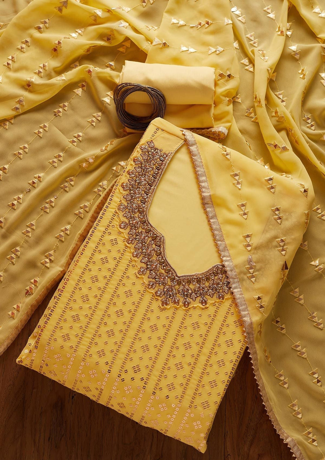 Yellow Sequins Georgette Designer Unstitched Salwar Suit - koskii