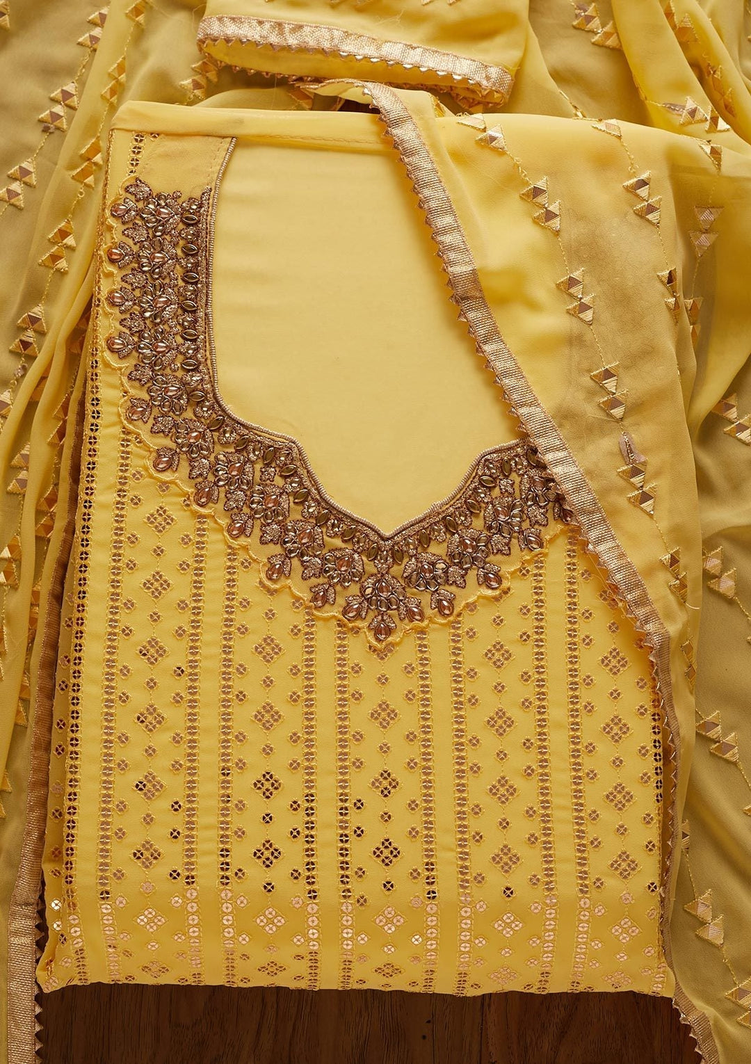 Yellow Sequins Georgette Designer Unstitched Salwar Suit - koskii