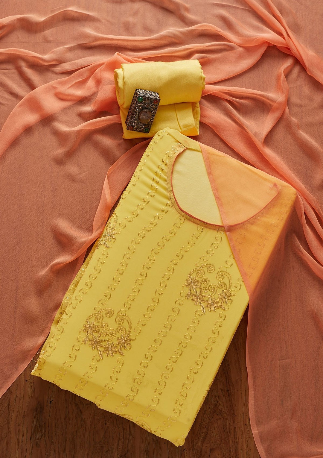 Yellow Sequins Georgette Designer Unstitched Salwar Suit - koskii