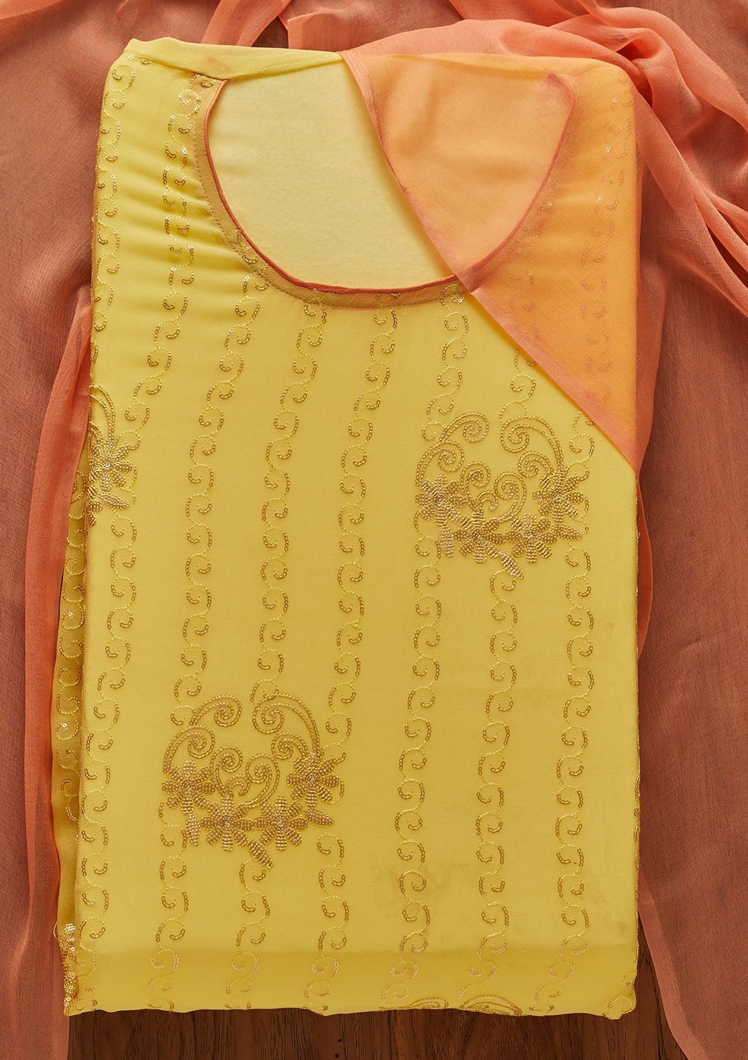 Yellow Sequins Georgette Designer Unstitched Salwar Suit - koskii