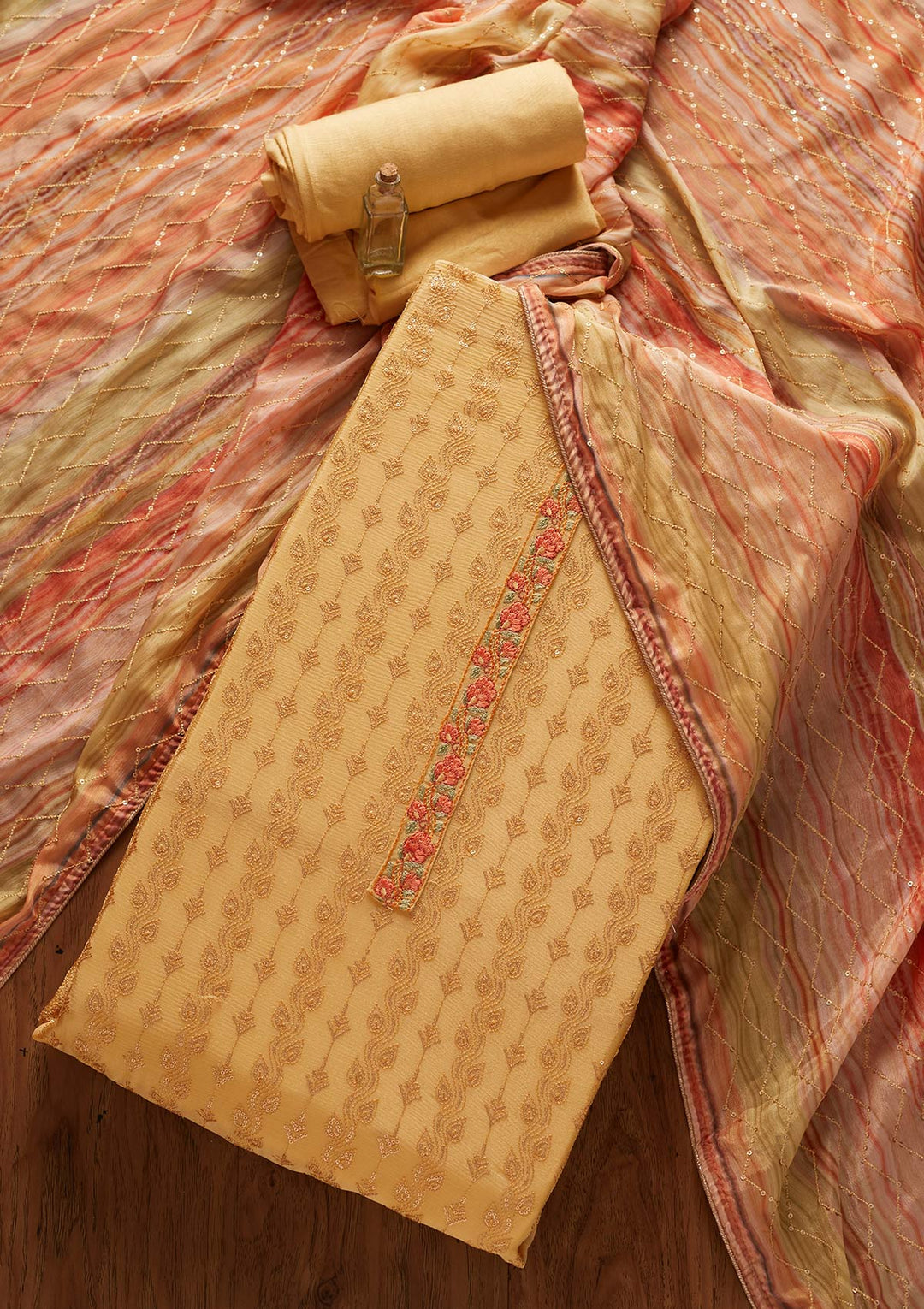 Yellow Sequins Georgette Designer Unstitched Salwar Suit - koskii