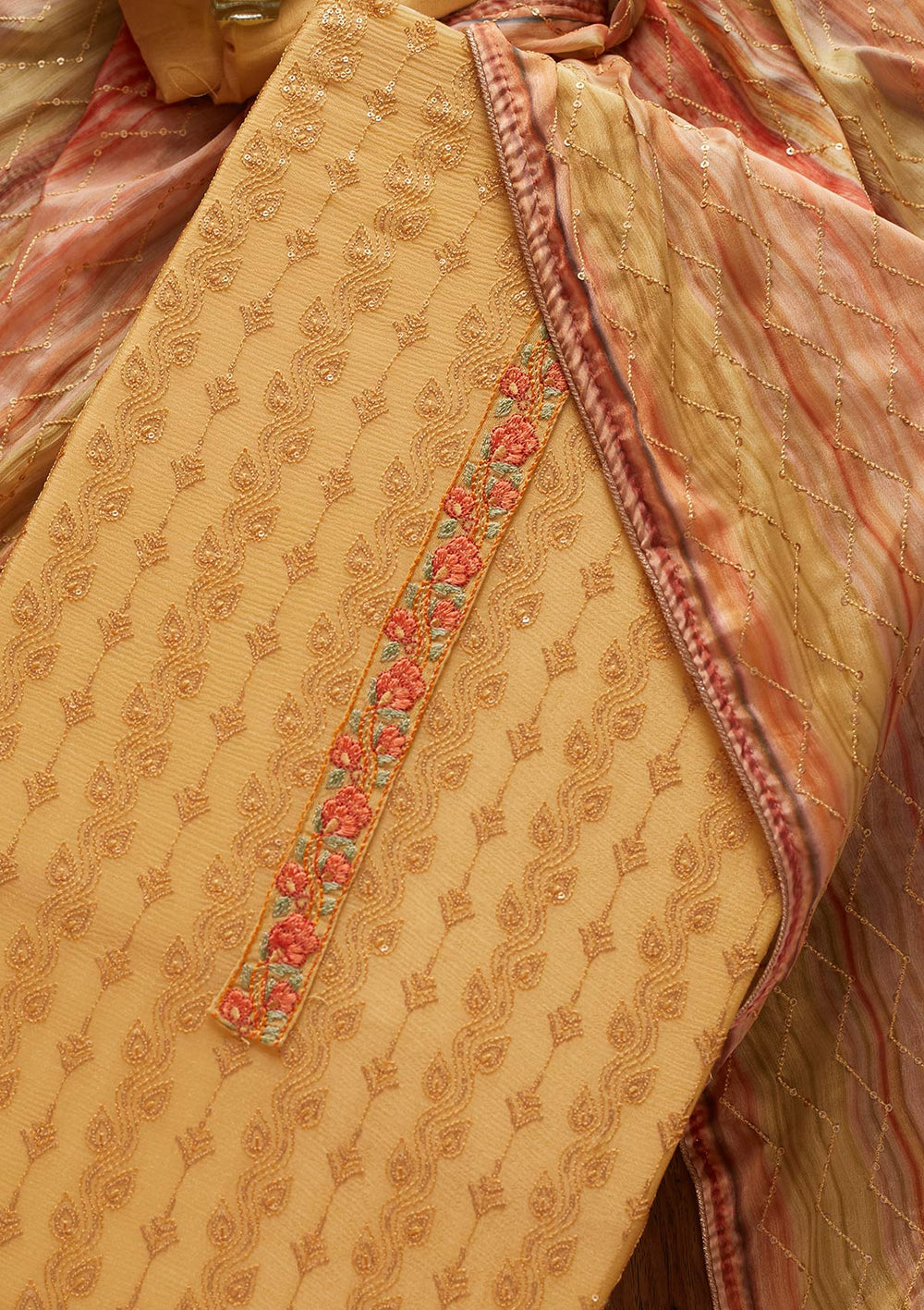 Yellow Sequins Georgette Designer Unstitched Salwar Suit - koskii
