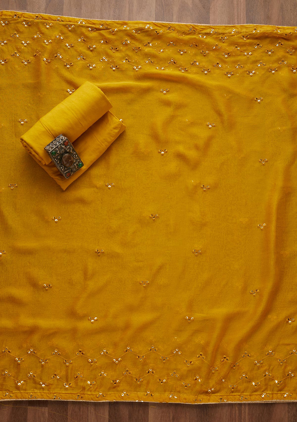 Yellow Sequins Georgette Unstitched Salwar Suit - Koskii
