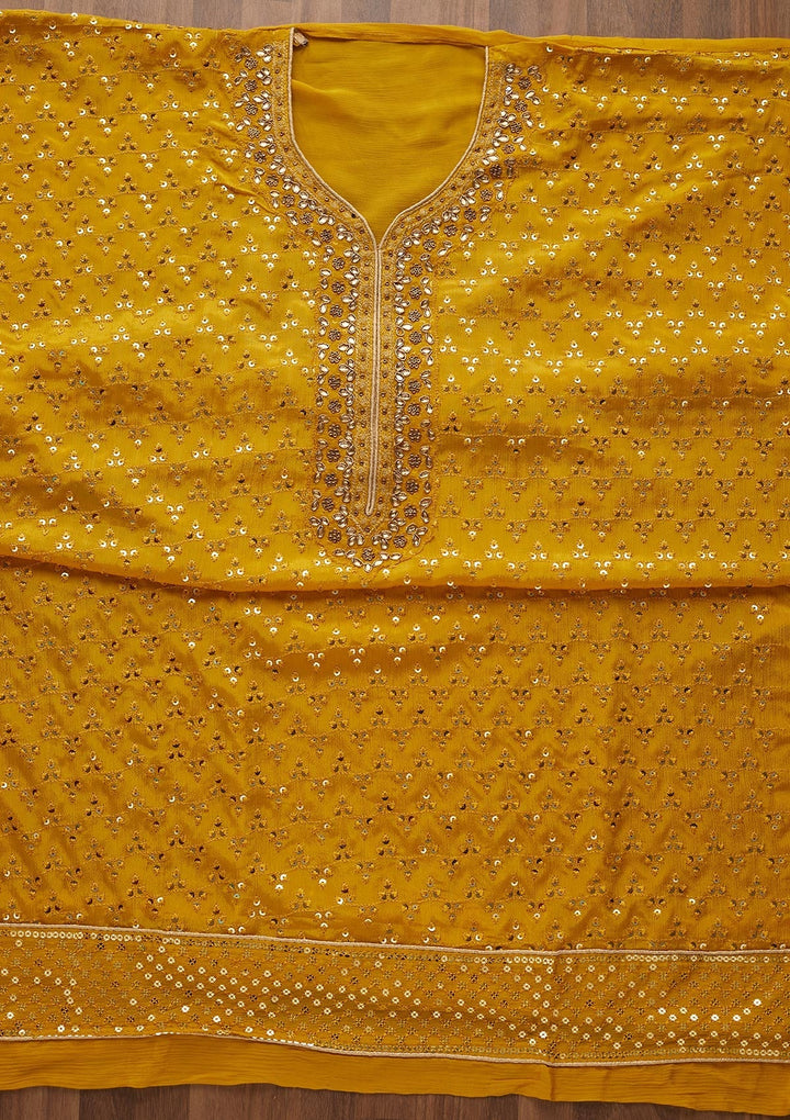 Yellow Sequins Georgette Unstitched Salwar Suit - Koskii