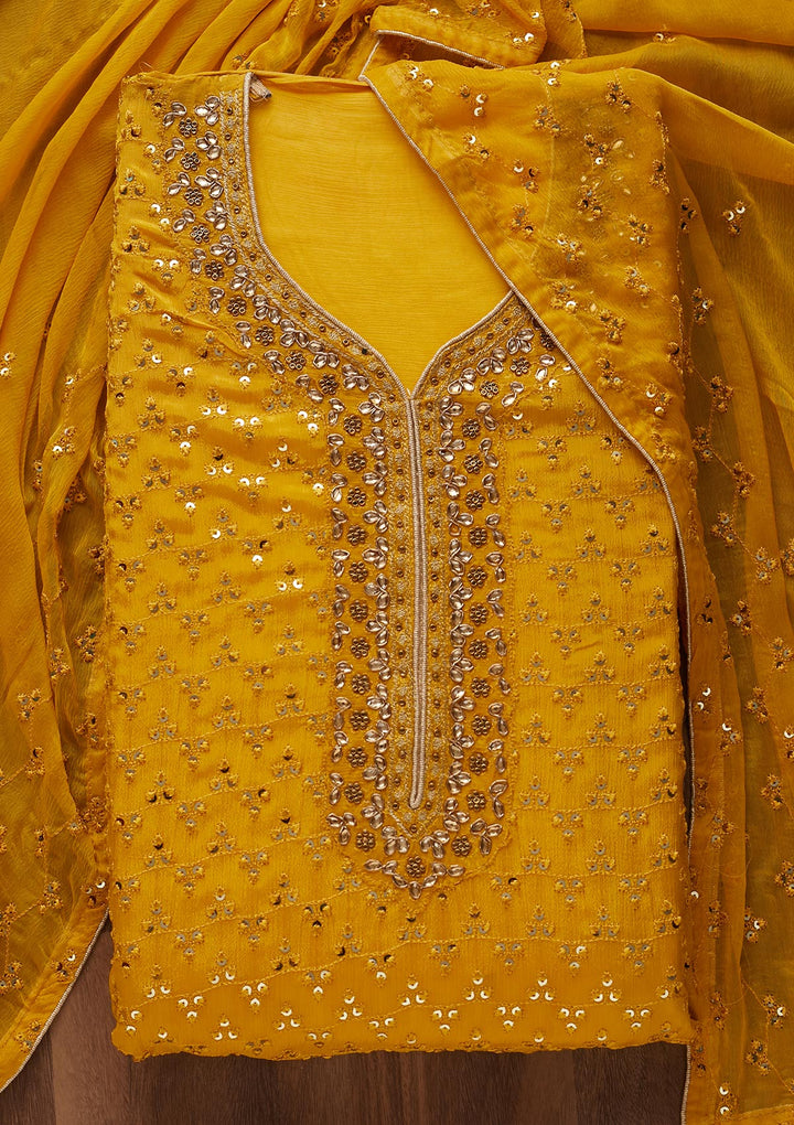 Yellow Sequins Georgette Unstitched Salwar Suit - Koskii